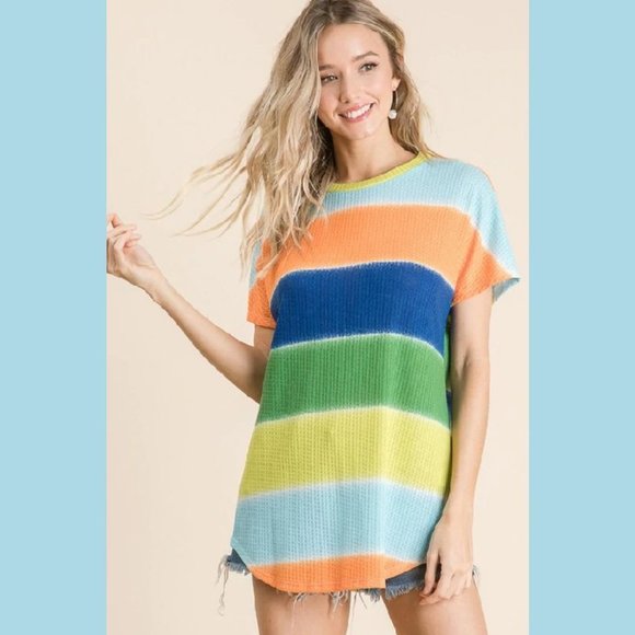 ORANGE MULTI COLOR STRIPE DETAIL TOP Made in USA - Picture 3 of 6